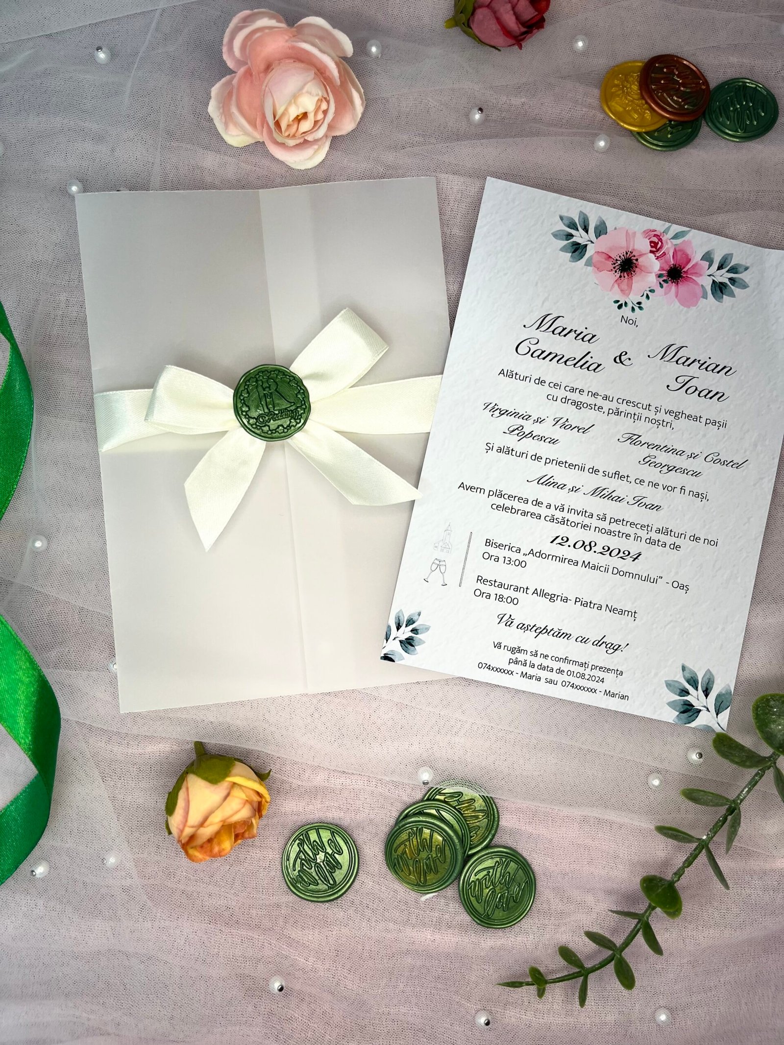 ✅ Invitatie Nunta cu Anemone 🌸 – Plic Vellum, Panglică Satinată & Sigiliu ✨ - imagine 2