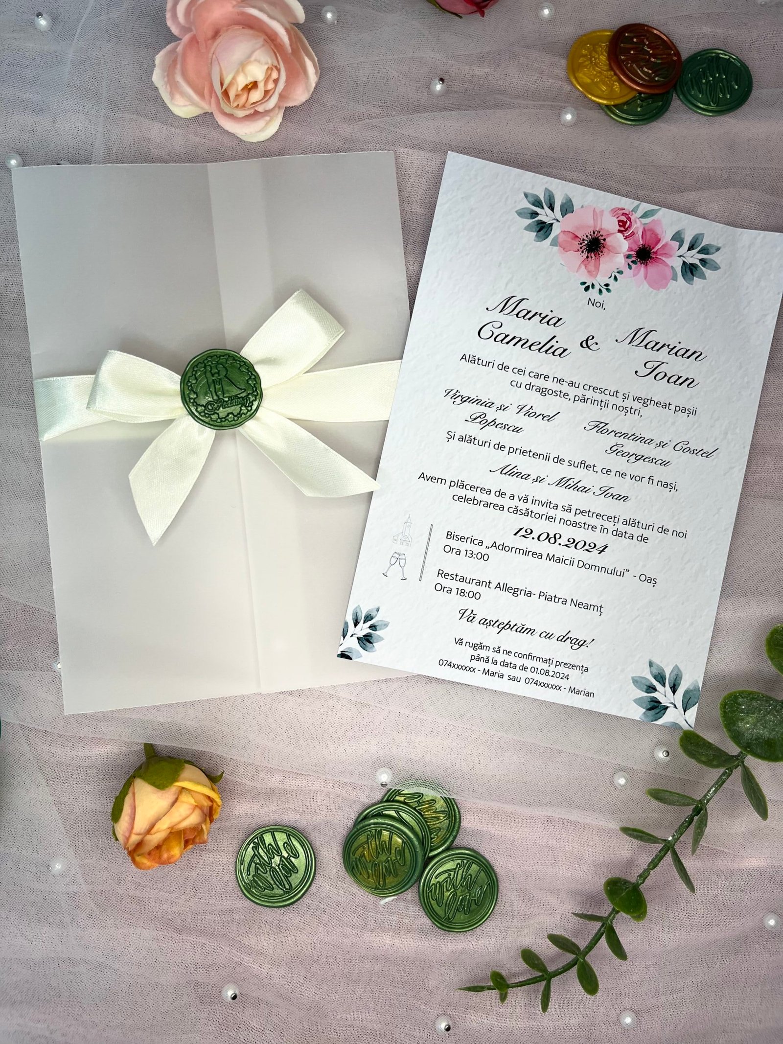 ✅ Invitatie Nunta cu Anemone 🌸 – Plic Vellum, Panglică Satinată & Sigiliu ✨ - imagine 4