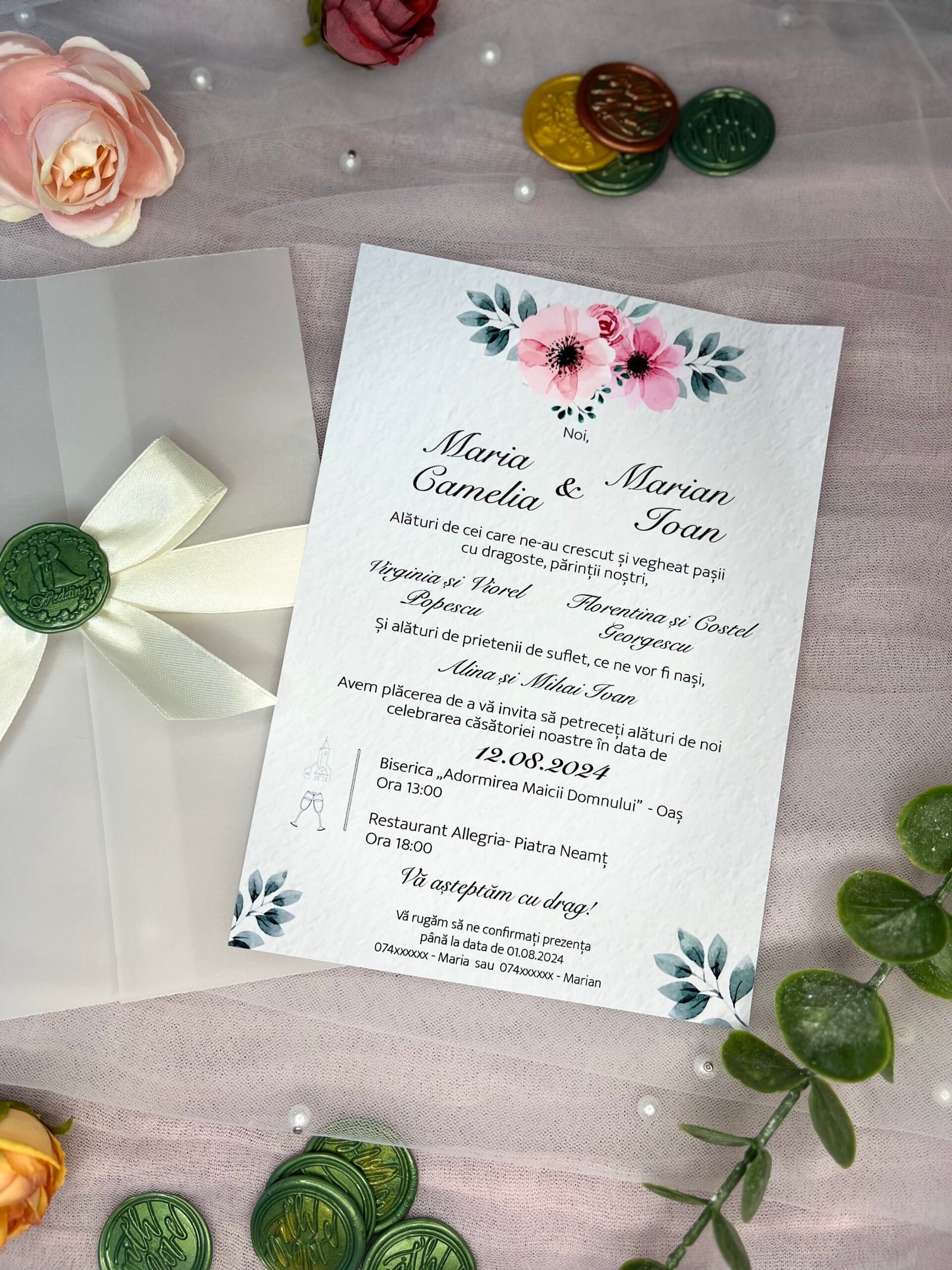 ✅ Invitatie Nunta cu Anemone 🌸 – Plic Vellum, Panglică Satinată & Sigiliu ✨ - imagine 3
